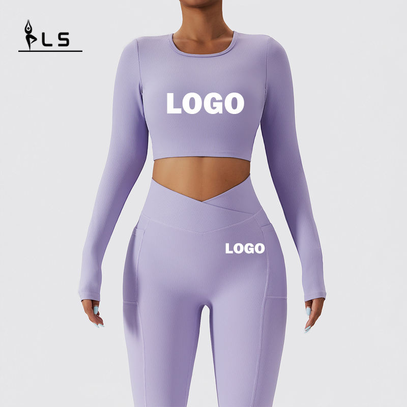 SC1062 Långärmad kvinnor Yoga Set Ribbed Seamless Pant Runit Women Fitness Clothing Yoga Set