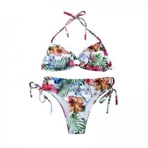 Halter Hollowed Out Pleated Print Ethnic Style Two-Piece Swimsuit