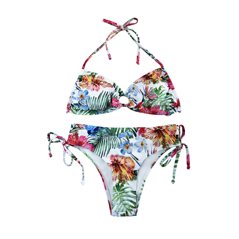 Halter Hollowed Out Pleated Print Ethnic Style Two-Piece Swimsuit