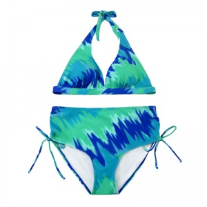 TEAL Halter Strap Strap Swimsuit Pleated Bow Swim Shorts Tryckt baddräkt